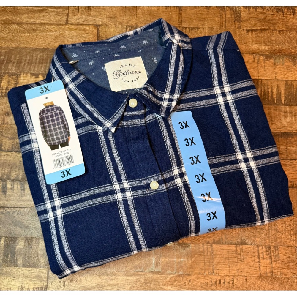 Jachs Girlfriend Womens 3X Blue Plaid Button Down Shirt Long Sleeve NWT 1612218